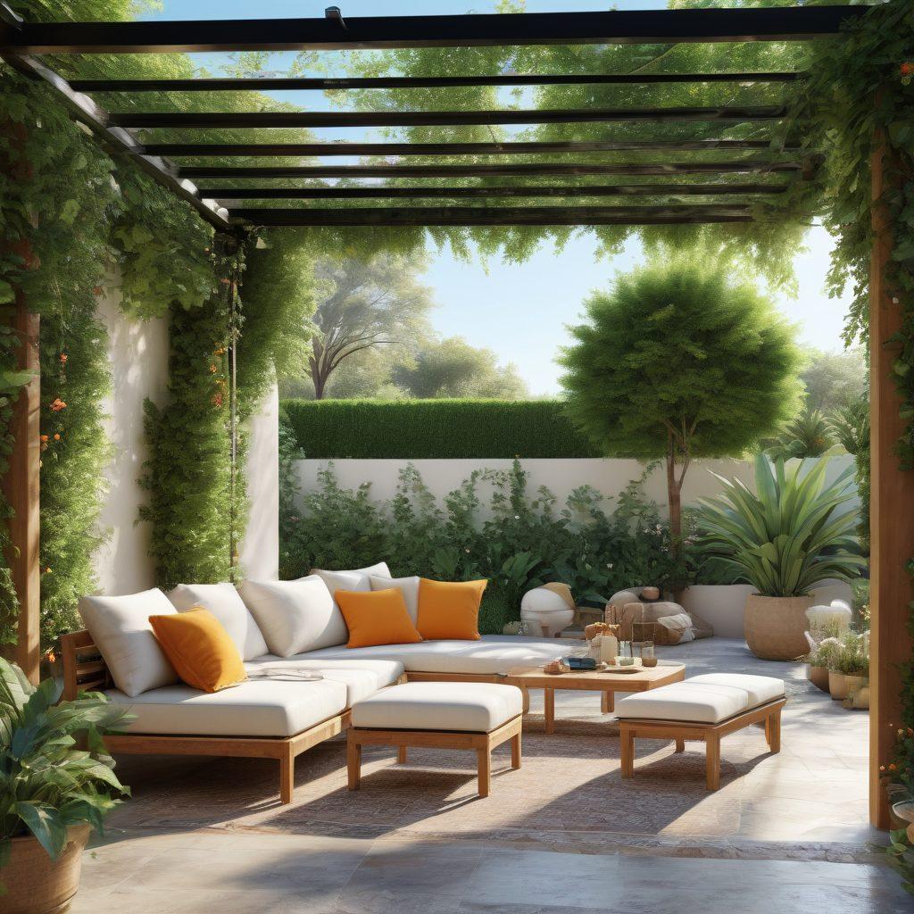 A beautiful outdoor space featuring various shade solutions such as elegant pergolas, stylish umbrellas, and lush trees providing dappled sunlight. Include comfortable seating areas adorned with cushions and plants, with people relaxing and enjoying the shade. The scene should evoke a sense of tranquility and comfort, showcasing summer vibes. super-realistic. vibrant colors. 3D.