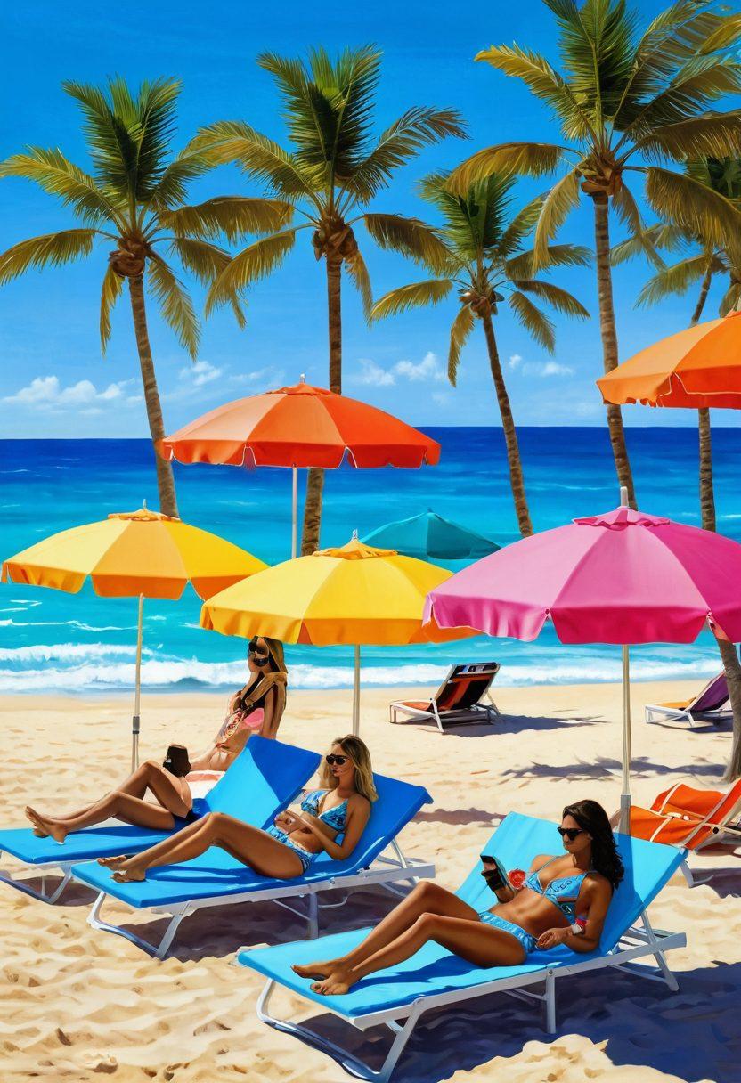 A chic beach scene featuring fashionable women in the latest bikini styles lounging under colorful protective awnings. Vibrant umbrellas create a cozy atmosphere while sunbathers enjoy the warm sun, surrounded by stylish beach accessories. The background should be a clear blue sky and sparkling ocean waves. Emphasize a blend of style and sun safety in a lively and trendy setting. super-realistic. vibrant colors.
