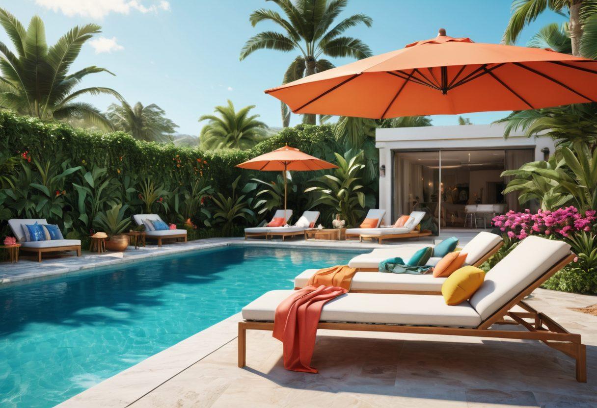 A stylish outdoor setting featuring a vibrant poolside scene with fashionable bikinis on display, surrounded by colorful umbrellas flaring in the summer sun. Include lounge chairs, tropical plants, and a refreshing drink on a table. Capture a sense of relaxation and chic summer vibes. super-realistic. vibrant colors. 3D.